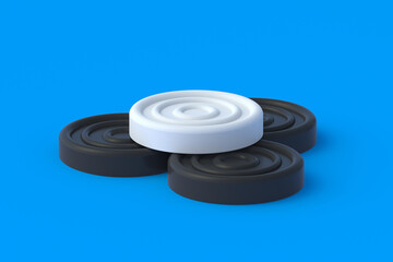Checkers pieces on blue background. Board game. Hobby and leisure. Kids toys. 3d render