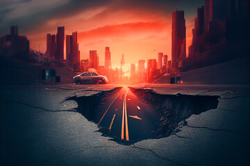 Earthquake in city. Quakes damage road. Buildings Destruction during earthquake. Magma with lava in crack asphalt road. Earth cracked open. Walls of lava encroached from volcano. AI Generative