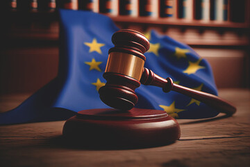 Court of Justice of European Union, EU. European flag in courtroom. Judicial Authority of European Union. Mallet of judge in courthouse. European Court of Human Rights. Justice, Judiciary, Judge. - obrazy, fototapety, plakaty