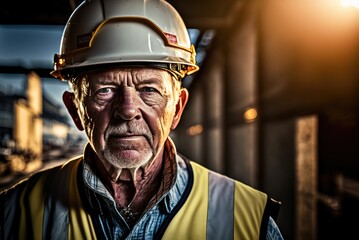 Close up portrait of senior construction engineer wearing safety helmet and uniform, working on new project in sunset golden hour.