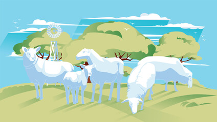 sheep and lambs on a green meadow against a background of trees and blue sky. Vector flat illustration. Agriculture, farming and ranching