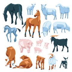 set of farm animals: sheeps, horse, cow, pig, goat Isolated on white background. Vector flat illustration. Agriculture, farming and cattle breeding