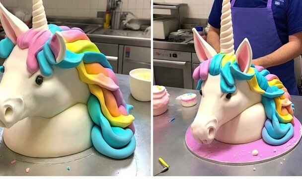  a cake shaped like a unicorn with a rainbow mane on it.  generative ai