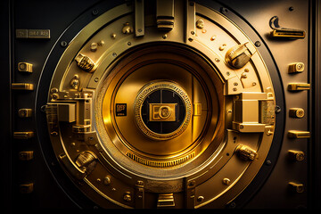 Store Gold, inside in Gold vault with money. Bank vault door, dollar and euro vault, inside in bank vault with money. Federal Reserve Bank storage  with golden walls and gold stacks. Ai Generative