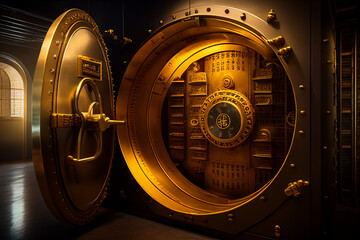 Bank vault with open door. Store Gold bar, inside in Gold vault money. Dollar and euro vault. Inside in bank vault money. Federal Reserve Bank storage  with golden walls and gold stacks. Ai Generative - obrazy, fototapety, plakaty