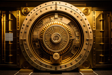 Store Gold, inside in Gold vault with money. Bank vault door, dollar and euro vault, inside in bank vault with money. Federal Reserve Bank storage  with golden walls and gold stacks. Ai Generative