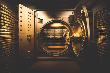 Bank vault with open door. Store Gold bar, inside in Gold vault money. Dollar and euro vault. Inside in bank vault money. Federal Reserve Bank storage  with golden walls and gold stacks. Ai Generative - obrazy, fototapety, plakaty