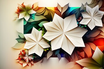 Digital art flowers and leaves creative pattern background with geometric shapes on colorful background.