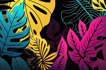 Tropical leaves background. Vivid bright color shaded palm leaves in purple,yellow, black and blue colors. Modern style trendy jungle florals for summer party
