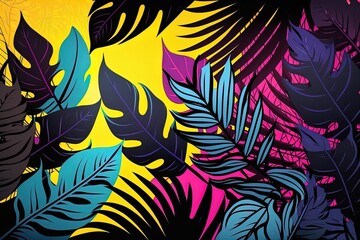 Fototapeta na wymiar Tropical leaves background. Vivid bright color shaded palm leaves in purple,yellow, black and blue colors. Modern style trendy jungle florals for summer party