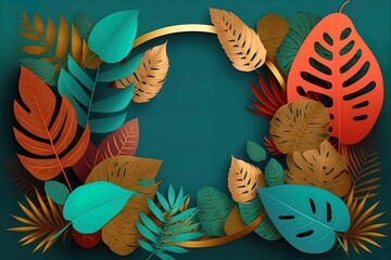Luxury golden tropical leaves circle frame background with empty space detailed realistic florals on trendy colors background. Foil glossy jungle leaves on green blue red backdrop for summer party