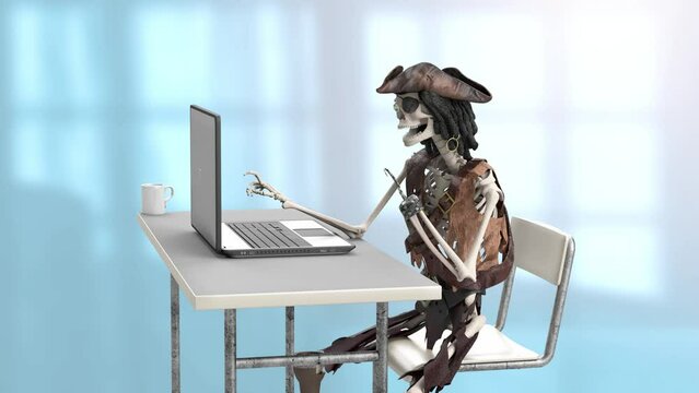 funny skeleton computer pirate downloads files on the internet as a symbol of internet piracy 3d concept render