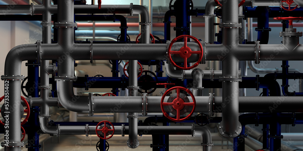 Poster pipes in basement. fragment of pipeline system. factory basement with many steel pipes. pipeline to 