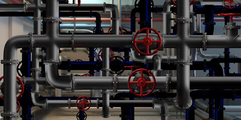 Fototapeta premium Pipes in basement. Fragment of pipeline system. Factory basement with many steel pipes. Pipeline to supply plant. Background from basement pipes. Red pressure valves on pipeline. 3d rendering.
