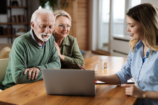 Happy mature couple and their counselor communicating while using laptop on a meeting at home