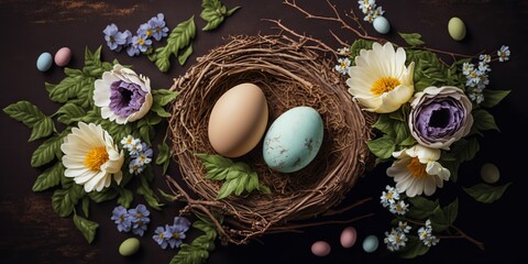Obraz na płótnie Canvas easter eggs, flowers, nest, generative ai, generative, ai
