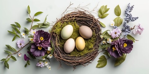 Fototapeta na wymiar easter eggs, flowers, nest, generative ai, generative, ai