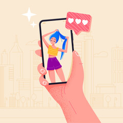 Hand holding phone beautiful girl on screen. Video call app. Finger touch screen flat vector illustration design for web site or banner. Make selfie with smartphone. Online dating chat or take photo.