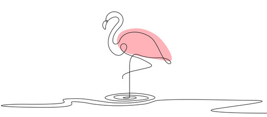 Flamingo staying on one leg one line art. Animal sign. Pink bird. Minimalistic design. Continious line drawing. Decorative element.