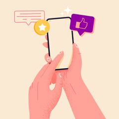 Holding phone in hand and rate content with a star mockup. Empty, editable screen for online shopping, marketing and other needs. Editable smartphone template vector illustration.