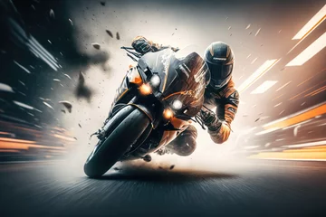 Foto op Plexiglas Superbike motorcycle on the race track, dynamic concept art illustration, high speed, generative ai © AdamantiumStock