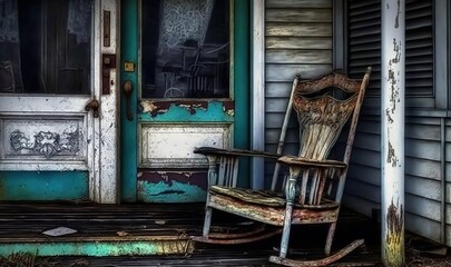 Obraz na płótnie Canvas an old rocking chair sitting on the porch of a house. generative ai