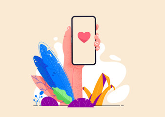 Hand holding phone in exotic tropical jungle eco friendly environment. Sending love messages on smartphone vector illustration in flat design. Chatting with friends. Social media addiction.