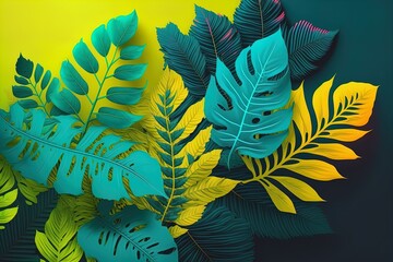 Fototapeta na wymiar Tropical leaves background. Vivid bright color shaded palm leaves in yellow and green colors. Modern style trendy jungle florals for summer party