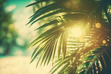 Blurred nature green palm leaf on tropical beach with bokeh and sun light background. Concept of summer vacation and business travel. Vintage tone filter effect color style, copy space. AI generative