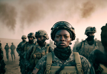 military squad headed by an Afro-American soldier, image created with ia