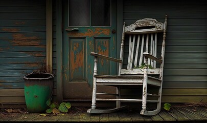  a rocking chair sitting on a porch next to a green door.  generative ai