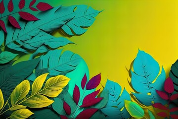 Fototapeta na wymiar Tropical leaves background. Vivid bright color shaded palm leaves in yellow and green colors. Modern style trendy jungle florals for summer party