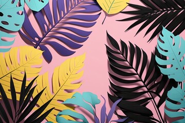 Tropical leaves background. Vivid bright color shaded palm leaves in purple,yellow, black and blue colors. Modern style trendy jungle florals for summer party