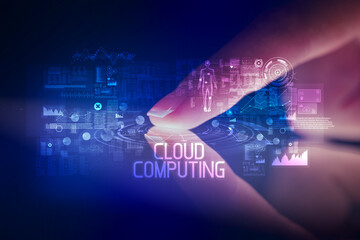 Finger touching tablet with web technology icons concept