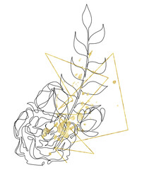 Hand drawn line art and gold texture flower, leaves and geometric shape arrangement. Cut out hand drawn PNG illustration on transparent background. Isolated clipart.
