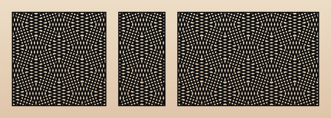 Decorative panels for laser cutting. Cutout silhouette with abstract geometric pattern, crossing lines, grid, net, lattice. Vector laser cut stencil for wood, metal, paper. Aspect ratio 1:1, 1:2, 3:2