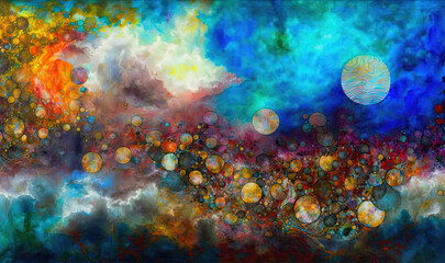 Obraz na płótnie Canvas a painting of a sky filled with lots of different colored bubbles. generative ai