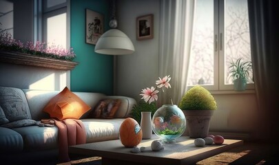  a living room with a couch and a table with flowers in it.  generative ai