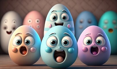  a group of cartoon eggs with faces and mouths in a row.  generative ai