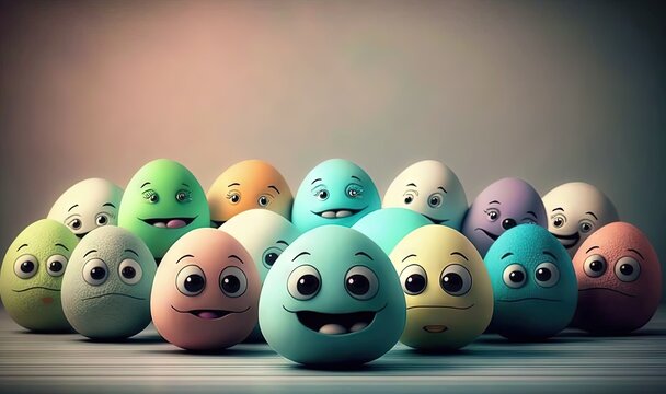  a group of eggs with faces painted on them, all lined up in a row.  generative ai