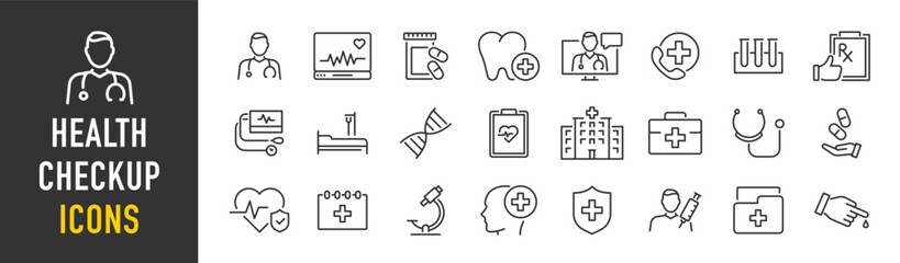 Set Medical Сheck up web icons in line style. Medicine, medical card, RX, doctor, virus, testing, lab, infographic collection. Vector illustration. - obrazy, fototapety, plakaty