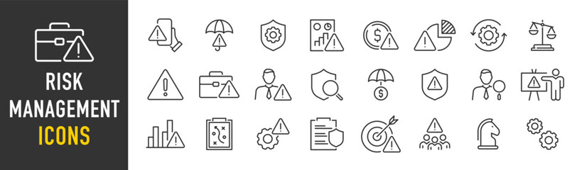 Risk Management web icon set in line style. Risk analysis, risk investment, minimizing losses, plan, low cost, collection. Vector illustration. - obrazy, fototapety, plakaty