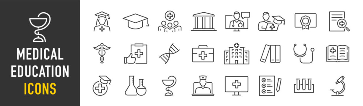 Medical Education Web Icon Set In Line Style. Medicine, College, Student, Learning, Book, Collection. Vector Illustration.