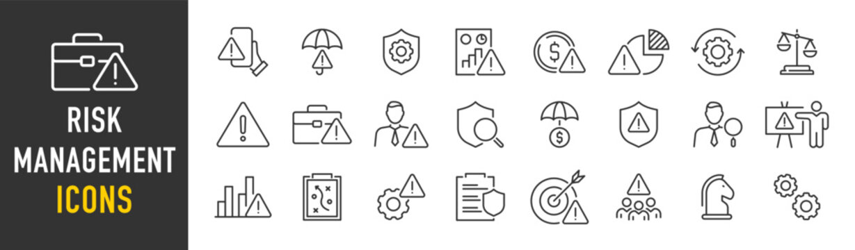 Risk Management web icon set in line style. Risk analysis, risk investment, minimizing losses, plan, low cost, collection. Vector illustration.