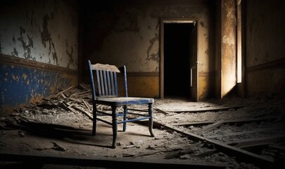  a blue chair sitting in a room with peeling paint on the walls.  generative ai