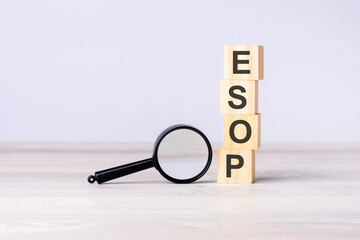 magnifying glass and wooden blocks with text ESOP on wood table, grey background