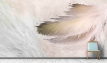  a chair sitting in front of a wall with a white feather on it.  generative ai