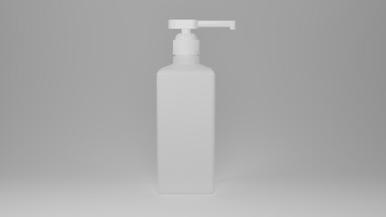 White plastic antiseptic bottle with white dispenser isolated on white background. Liquid soap. Minimal concept. 3D render