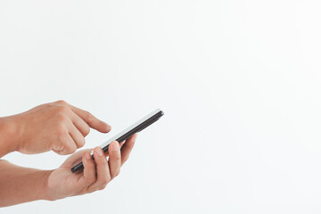 Close-up of a man's hand holding a smartphone. Isolated hands and smartphone on white background.