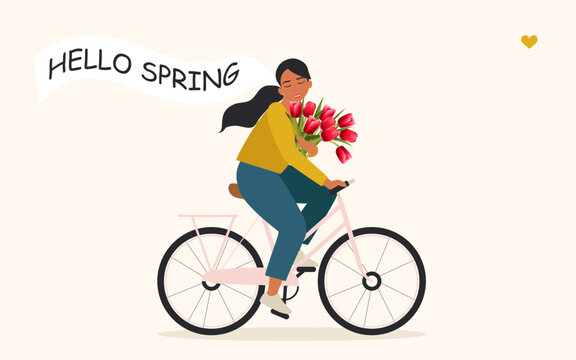 A happy girl with a bouquet of tulips in her hand rides a bicycle and rejoices at the beginning of spring. Pretty cyclist enjoying warm weather, doing physical and mental health. Vector.